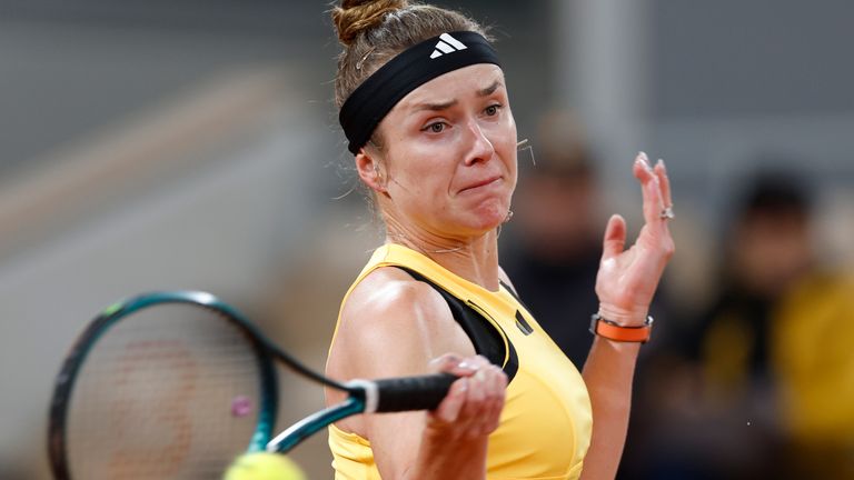Ukraine's Elina Svitolina plays a shot against France's Diane Parry during their second round match of the French Open tennis tournament at the Roland Garros stadium in Paris, Thursday, May 30, 2024. (AP Photo/Aurelien Morissard)