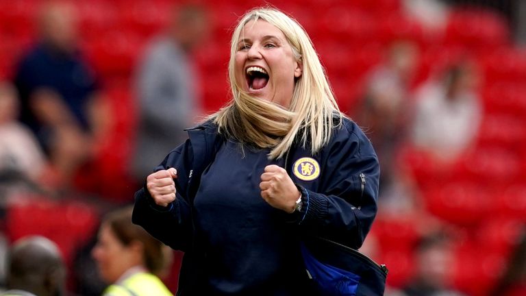 Chelsea manager Emma Hayes celebrates after Mayra Ramirez (not pictured) scores their side's fourth goal of the game