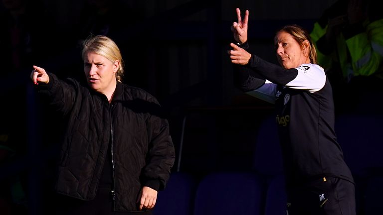 Emma Hayes is known for her tactical fluidity, pictured alongside assistant Denise Reddy