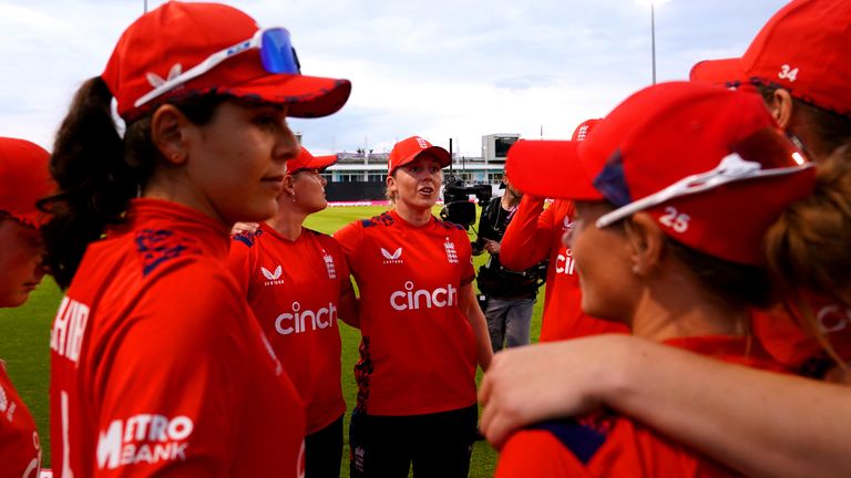 England v Pakistan - Second IT20 - The County Ground
England's Heather Knight speaks to team-mates during the second women's IT20 match at The County Ground, Northampton. Picture date: Friday May 17, 2024.