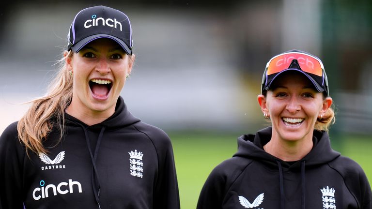 England's Lauren Bell (left) with senior seamer Kate Cross (right) ahead of the third and final T20 against Pakistan
