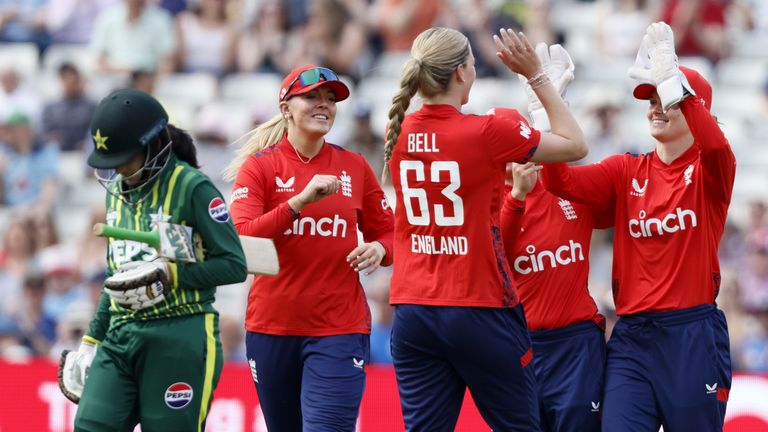 England's Amy Jones (right) celebrates with England's Lauren Bell after taking the wicket of Pakistan's Muneeba Ali