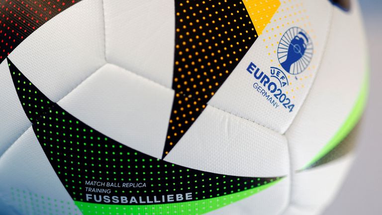 This photo taken on May 13, 2024 shows a replica of the original football for the UEFA Euro 2024 European Football Championship in Munich, southern Germany. The UEFA EURO 2024 European Football Championship will take place from June 14 to July 14 in ten stadiums around Germany including Munich Football Arena. (Photo by Michaela STACHE / AFP)