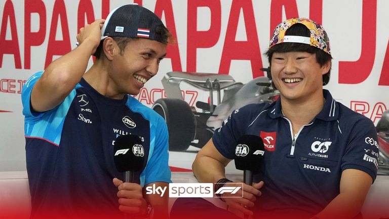 Williams driver Alexander Albon, left, of Thailand and AlphaTauri driver Yuki Tsunoda of Japan attend a press conference ahead of the Japanese Formula One Grand Prix at the Suzuka Circuit in Suzuka, central Japan, Thursday, Sept. 21, 2023