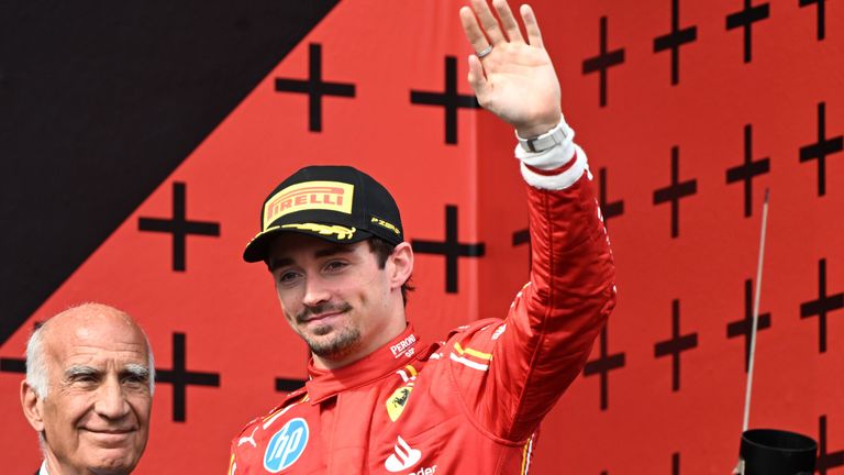 AUTODROMO INTERNAZIONALE ENZO E DINO FERRARI, ITALY - MAY 19: Charles Leclerc, Scuderia Ferrari, 3rd position, arrives on the podium during the Emilia Romagna GP at Autodromo Internazionale Enzo e Dino Ferrari on Sunday May 19, 2024 in imola, Italy. (Photo by Mark Sutton / Sutton Images)