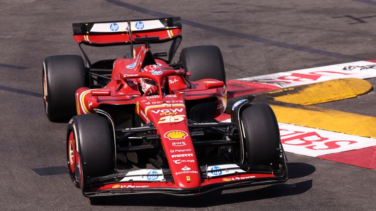 Ferrari driver Charles Leclerc of Monaco steers his car during the Formula One Monaco Grand Prix race at the Monaco racetrack, in Monaco, Sunday, May 26, 2024. (Claudia Greco/Pool Photo via AP)