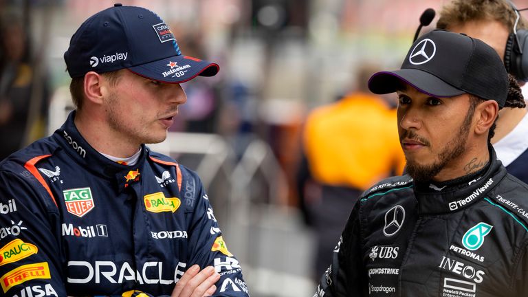 SHANGHAI INTERNATIONAL CIRCUIT, CHINA - APRIL 20: Max Verstappen, Red Bull Racing, 1st position, and Sir Lewis Hamilton, Mercedes-AMG F1 Team, 2nd position, in Parc Ferme during the Chinese GP at Shanghai International Circuit on Saturday April 20, 2024 in Shanghai, China. (Photo by Sam Bloxham / LAT Images)