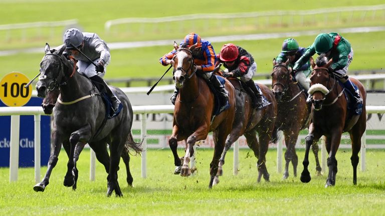 Curragh 26-5-24 .Fallen Angel and Danny Tudhope win the Tattersalls Irish 1000 Guineas (Group 1).(Healy Racing)