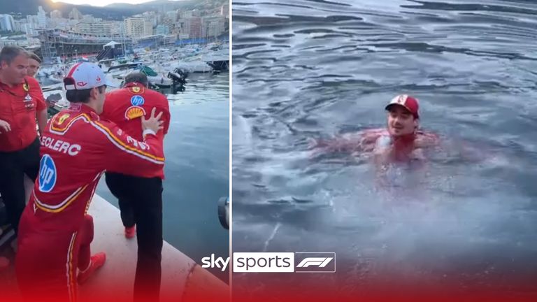 Leclerc and Vasseur celebrate by jumping into Monaco harbour