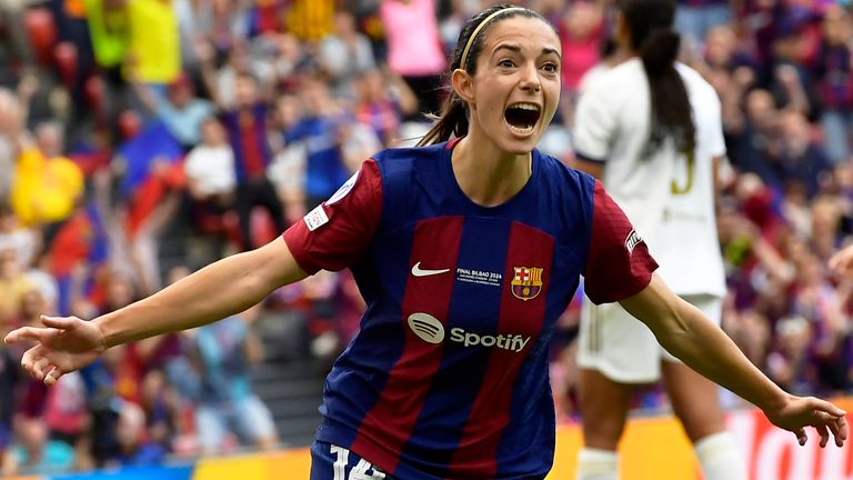 Barcelona's Aitana Bonmati celebrates after scoring the opening goal during the Women's Champions League final