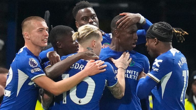 Chelsea's Nicolas Jackson, centre right, celebrates after scoring his side's second goal during the English Premier League soccer match between Chelsea and Tottenham Hotspur at Stamford Bridge