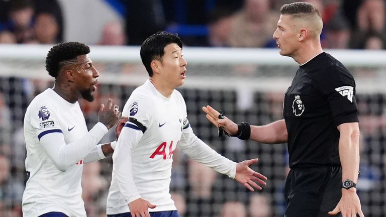 Tottenham Hotspur's Son Heung-Min protests to Referee Robert Jones after Chelsea opened the scoring