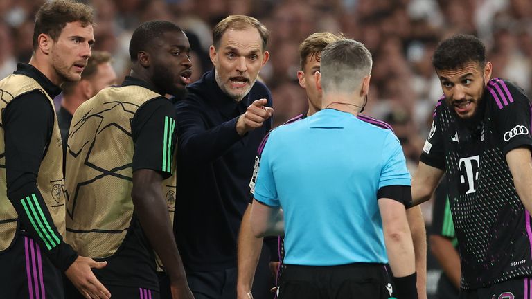 Thomas Tuchel, Head Coach of Bayern Munich, reacts at the assistant referee 