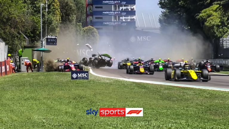 Multiple cars come together on the run into Tamburello during the F2 Sprint in Imola.