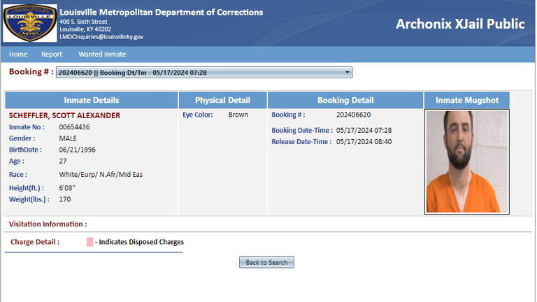 The Liuisville Metropolitan Department of Corrections released Scheffler at 8.40am ET