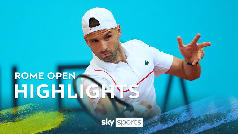 MADRID, SPAIN - APRIL 27: Grigor Dimitrov of Bulgaria plays a forehand against Jakub Mensik of Czech Republic during their Men&#39;s Singles Round of 64 match on Day Five of the Mutua Madrid Open at La Caja Magica on April 27, 2024 in Madrid, Spain. (Photo by Mateo Villalba/Getty Images)