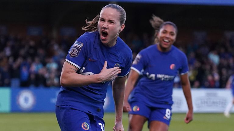 Chelsea's Guro Reiten celebrates scoring her third goal against Bristol City