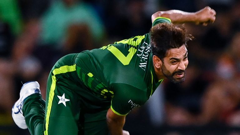 Haris Rauf of Pakistan bowls to New Zealand during their T20 cricket match in Christchurch, New Zealand, Friday, Jan. 19, 2024. (John Davidson/Photosport via AP)