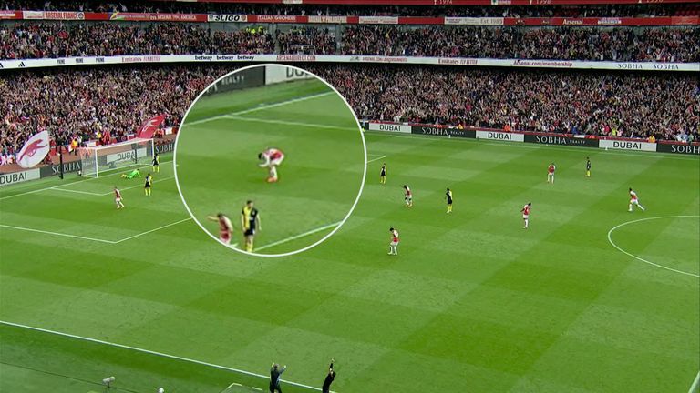 Havertz is crouching, too tired to celebrate, after Arsenal's second goal.