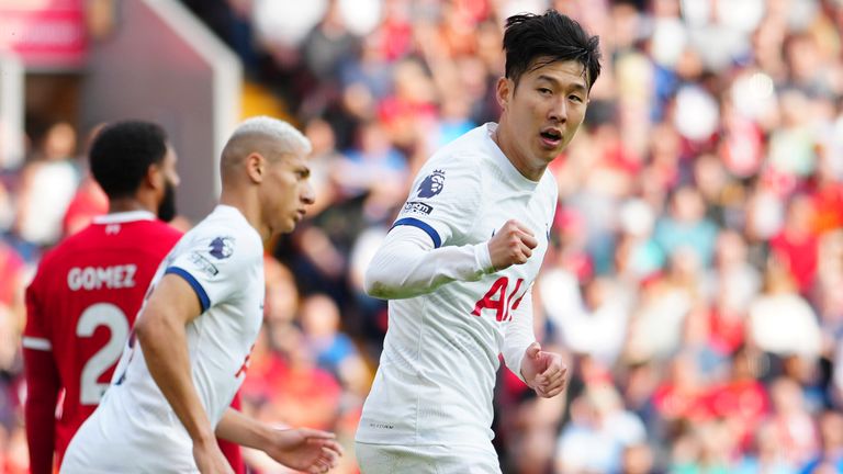 Heung-min Son celebrates after Spurs cut Liverpool's four-goal lead in half