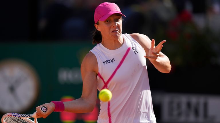 Poland's Iga Swiatek in action during her match against Coco Gauff of the United States at the Italian Open tennis tournament at Rome's Foro Italico, Thursday, May 16, 2024. (AP Photo/Andrew Medichini)