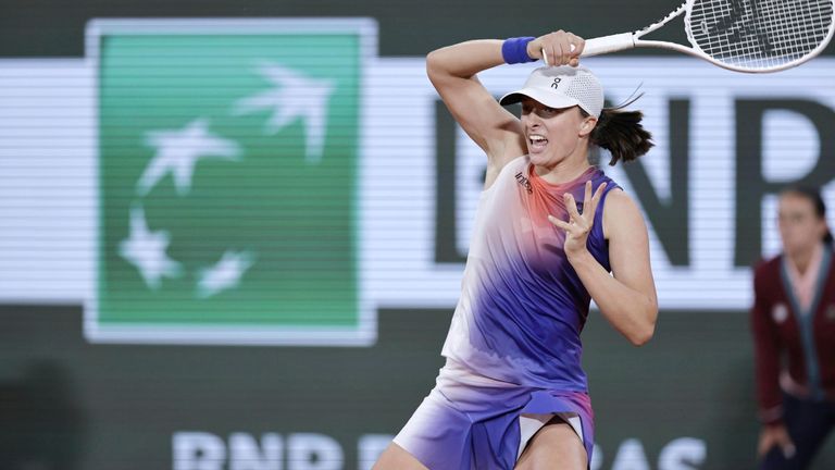 Iga Swiatek of Poland plays against Leolia Jeanjean of France in a women's singles first-round match at the French Open tennis tournament in Paris on May 27, 2024. (Kyodo via AP Images) ==Kyodo