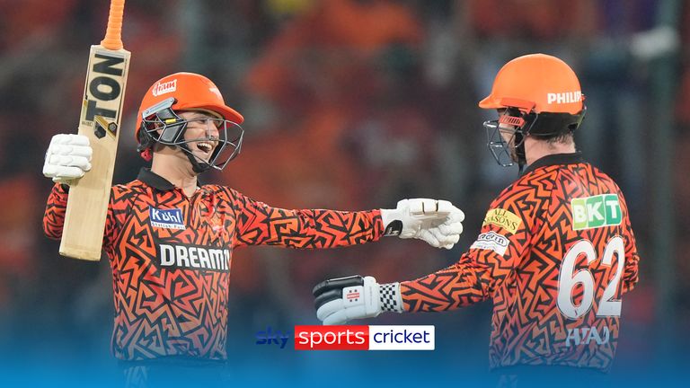 Sunrisers Hyderabad&#39;s Abhishek Sharma, left, celebrates his fifty runs with Travis Head during the Indian Premier League cricket match between Sunrisers Hyderabad and Lucknow Super Giants in Hyderabad, India, Wednesday, May 8, 2024. (AP Photo/Mahesh Kumar A.)


