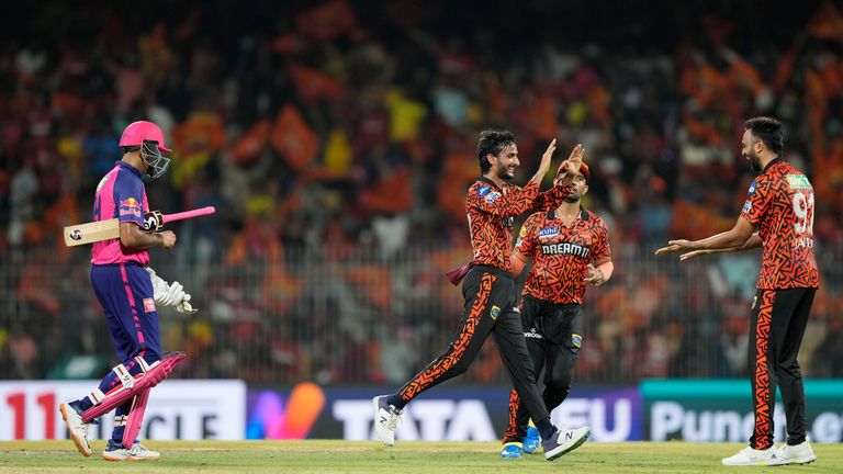 Sunrisers Hyderabad's Shahbaz Ahmed (centre) celebrates the wicket of Rajasthan Royals' Ravichandran Ashwin (left) during the second qualifier cricket match 