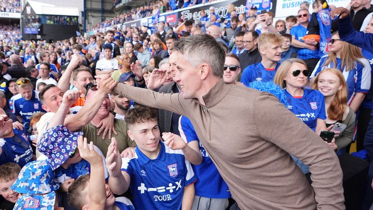 Ipswich Town manager Kieran McKenna celebrates their side�s promotion to the Premier League after the Sky Bet Championship match at Portman Road, Ipswich. Picture date: Saturday May 4, 2024.