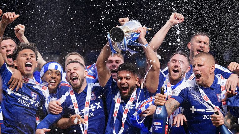 Ipswich Town celebrates their side�s promotion to the Premier League after the Sky Bet Championship…