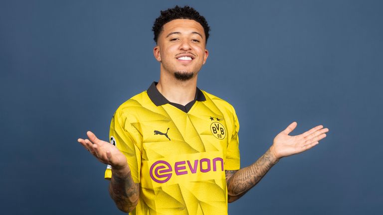 DORTMUND, GERMANY - MAY 15: Jadon Sancho #10 of Borussia Dortmund poses during the UEFA Champions League 2023/24 finalists access day on May 15, 2024 in Dortmund, Germany.(Photo by Vera Loitzsch - UEFA/UEFA via Getty Images)