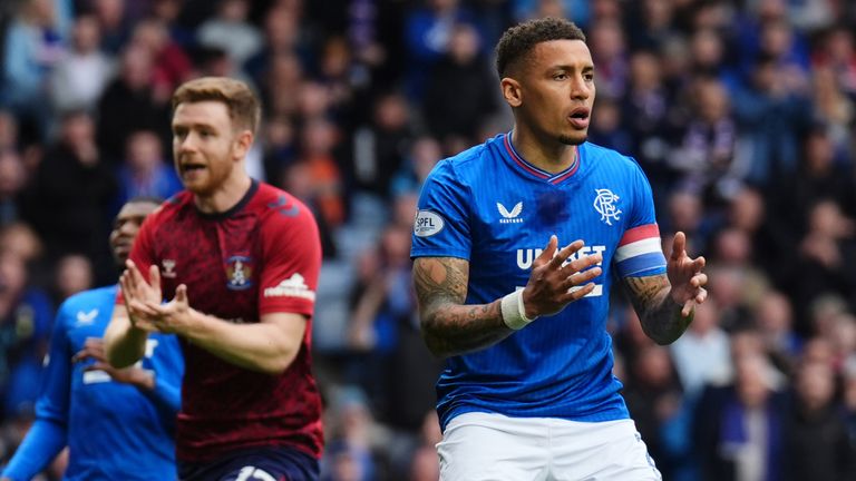 Rangers' James Tavernier reacts after his penalty is saved