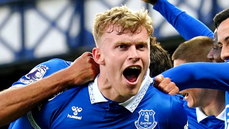 Everton's Jarrad Branthwaite celebrates with team-mates after scoring their side's first goal of the game during the Premier League match at Goodison Park, Liverpool. Picture date: Wednesday April 24, 2024.