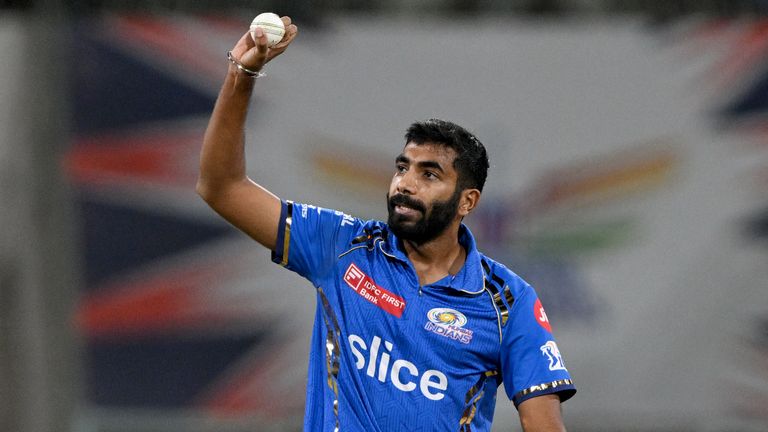 A gesture is made between Lucknow Super Giants and Mumbai Indians during the Indian Premier League (IPL) Twenty20 cricket match at Ekana Cricket Stadium in Lucknow on April 30, 2024. Jasprit Bumrah of Mumbai Indians.  (Photo courtesy of Arun SANKAR/AFP)/ -- Use for editorial purposes with image restrictions - Use for commercial purposes is strictly prohibited -