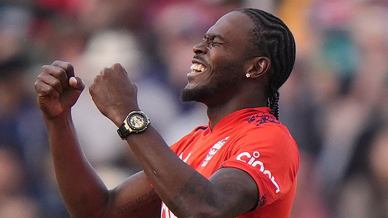 Jofra Archer celebrates a wicket in the second T20 against Pakistan at Edgbaston (PA Images)