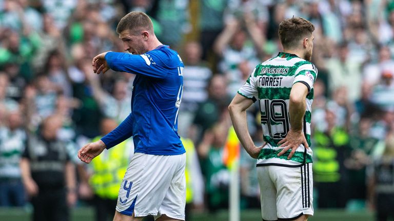 GLASGOW, SCOTLAND - MAY 11: Rangers' John Lundstram looks dejected after he is sent off during a cinch Premiership match between Celtic and Rangers at Celtic Park, on May 11, 2024, in Glasgow, Scotland. (Photo by Craig Foy / SNS Group)