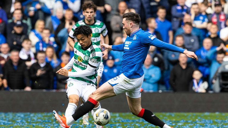 GLASGOW, SCOTLAND - APRIL 07: Celtic's Reo Hatate (L) and Rangers' John Souttar in action during a cinch Premiership match between Rangers and Celtic at Ibrox Stadium, on April 07, 2024, in Glasgow, Scotland. (Photo by Alan Harvey / SNS Group)