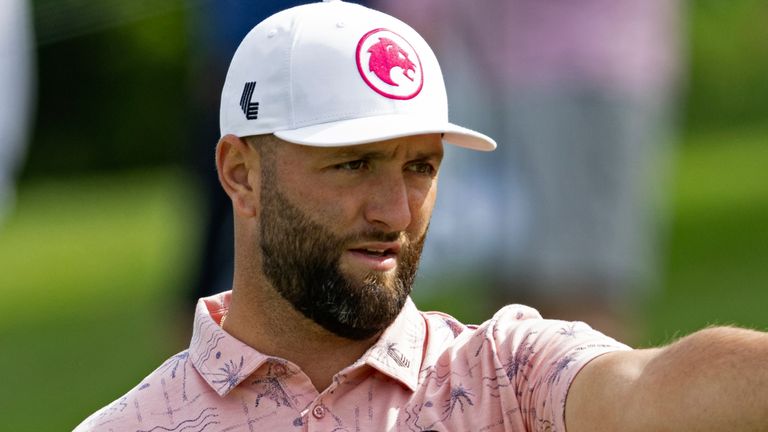 Jon Rahm, of Spain, points to a break in the putting green during a practice round of the PGA Championship golf tournament at the Valhalla Golf Club Monday, May 13, 2024, in Louisville, KY. (Wade Payne via AP Images)