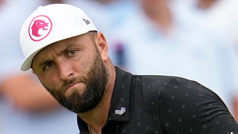 Jon Rahm, of Spain, reacts after missing a putt on the seventh hole during the first round of the PGA Championship golf tournament at the Valhalla Golf Club, Thursday, May 16, 2024, in Louisville, Ky. (AP Photo/Sue Ogrocki)