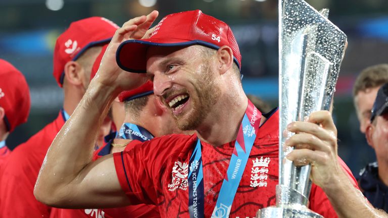 Captain Jos Buttler celebrates with the trophy after England won the 2022 T20 World Cup in Australia (Associated Press)