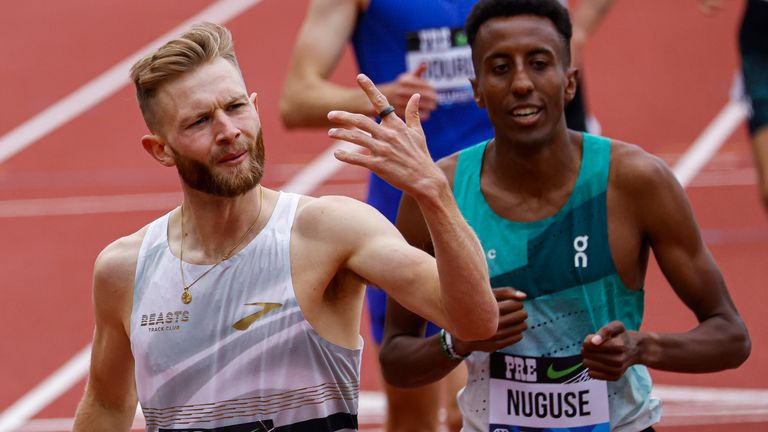 Josh Kerr, of Scotland, gestures after winning the men's mile during the Prefontaine Classic track and field meet Saturday, May 25, 2024, in Eugene, Ore. (AP Photo/Thomas Boyd)