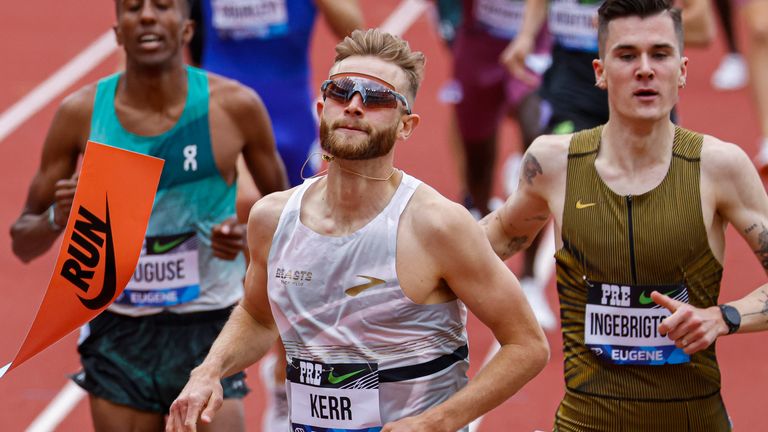 Josh Kerr, of the United Kingdom, wins the 1-mile with a time of 3:35.34 during the Prefontaine Classic track and field meet Saturday, May 25, 2024, in Eugene, Ore. (AP Photo/Thomas Boyd)