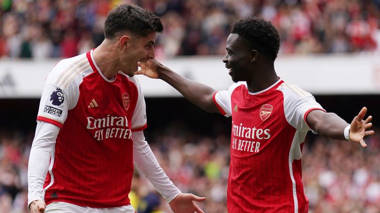 Kai Havertz and Bukayo Saka celebrate as Arsenal take a 1-0 lead