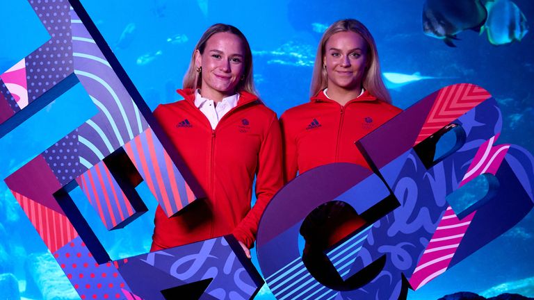 Kate Shortman and Izzy Thorpe celebrate being confirmed as Team GB's artistic swimming pair for the Paris Olympics in an event at London Aquarium