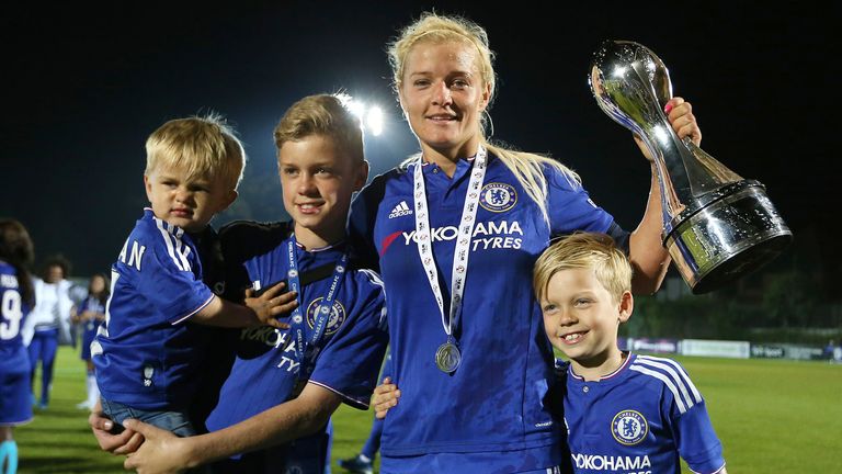 Katie Chapman with the 2015 WSL title Chelsea won for the first time under Emma Hayes, and her three sons