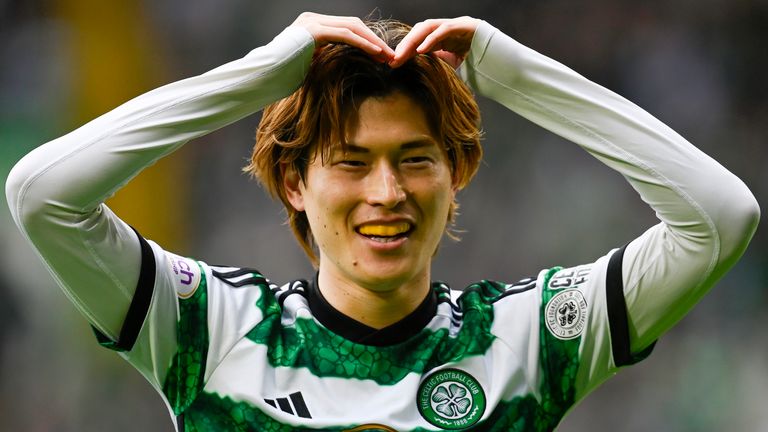 GLASGOW, SCOTLAND - MAY 04: Celtic's Kyogo Furuhashi celebrates as he scores to make it 1-0 during a cinch Premiership match between Celtic and Heart of Midlothian at Celtic Park, on May 04, 2024, in Glasgow, Scotland. (Photo by Rob Casey / SNS Group)