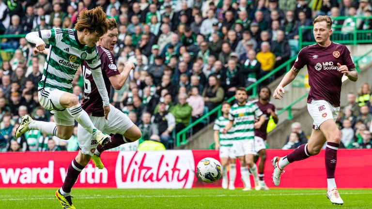  Kyogo Furuhashi volleys in Celtic's second against Hearts