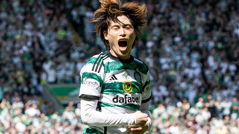 Celtic's Kyogo Furuhashi celebrates as he scores to make it 2-2