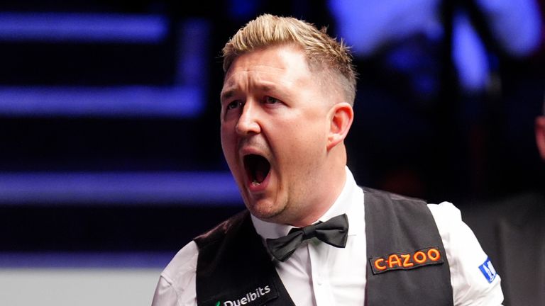 Kyren Wilson celebrates in their match against Jak Jones (not pictured) on their way to winning the 2024 Cazoo World Snooker Championship at the Crucible Theatre, Sheffield. Picture date: Monday May 6, 2024.