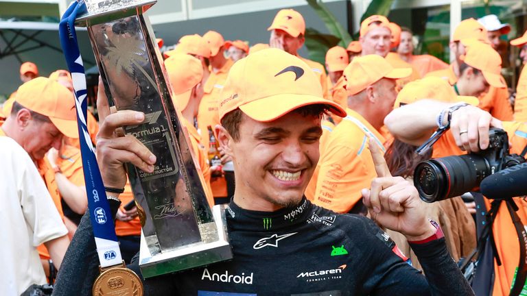 McLaren's Lando Norris celebrates winning the Miami Grand Prix